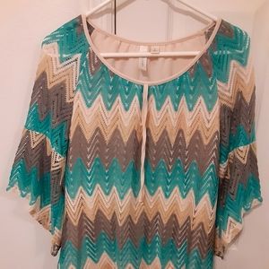 Flowy Turquoise,Gray & Cream Blouse